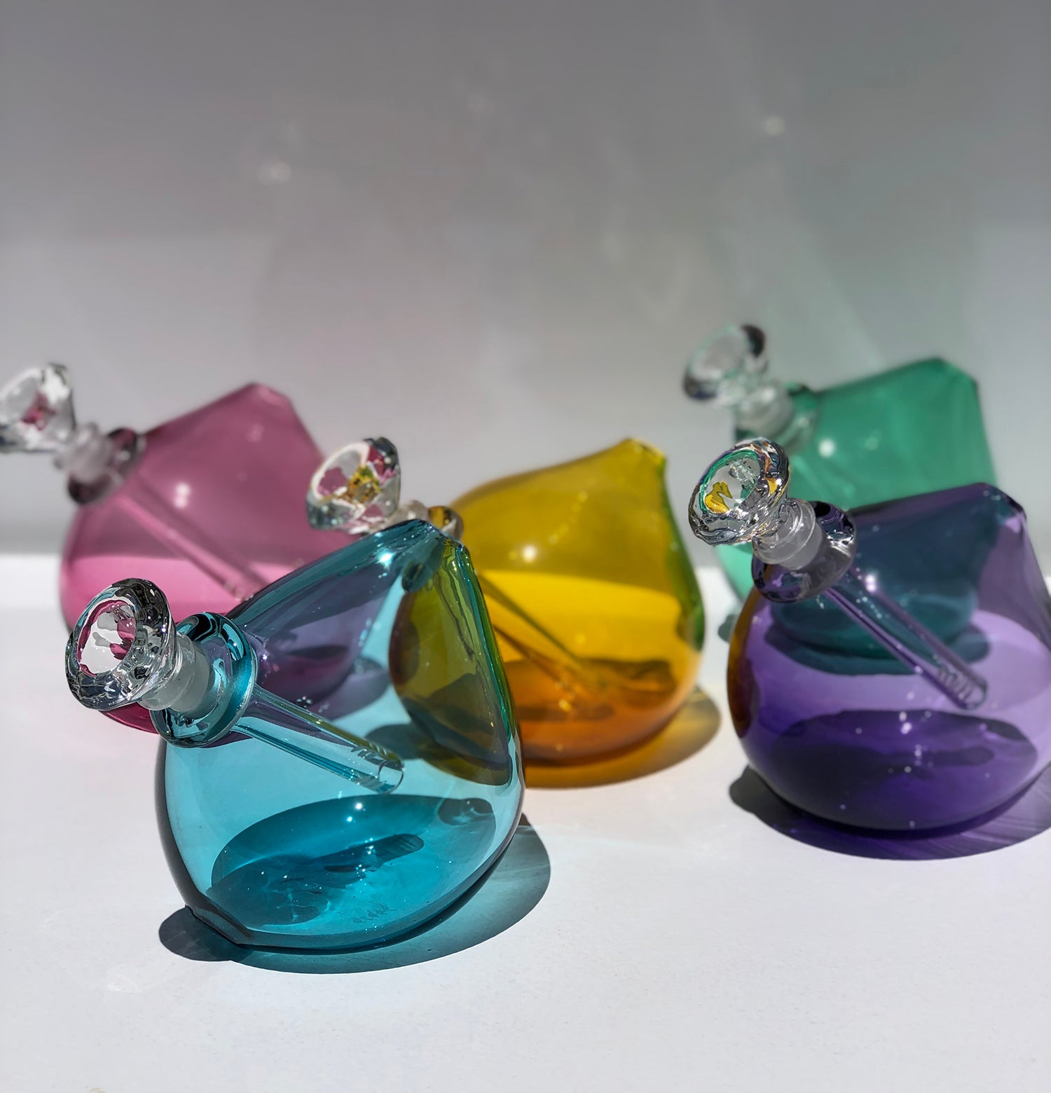 5 Glass Water Pipes in 5 different colors Aqua, Amethyst, Topaz, Emerald, and Ruby Hand Blown Glass 